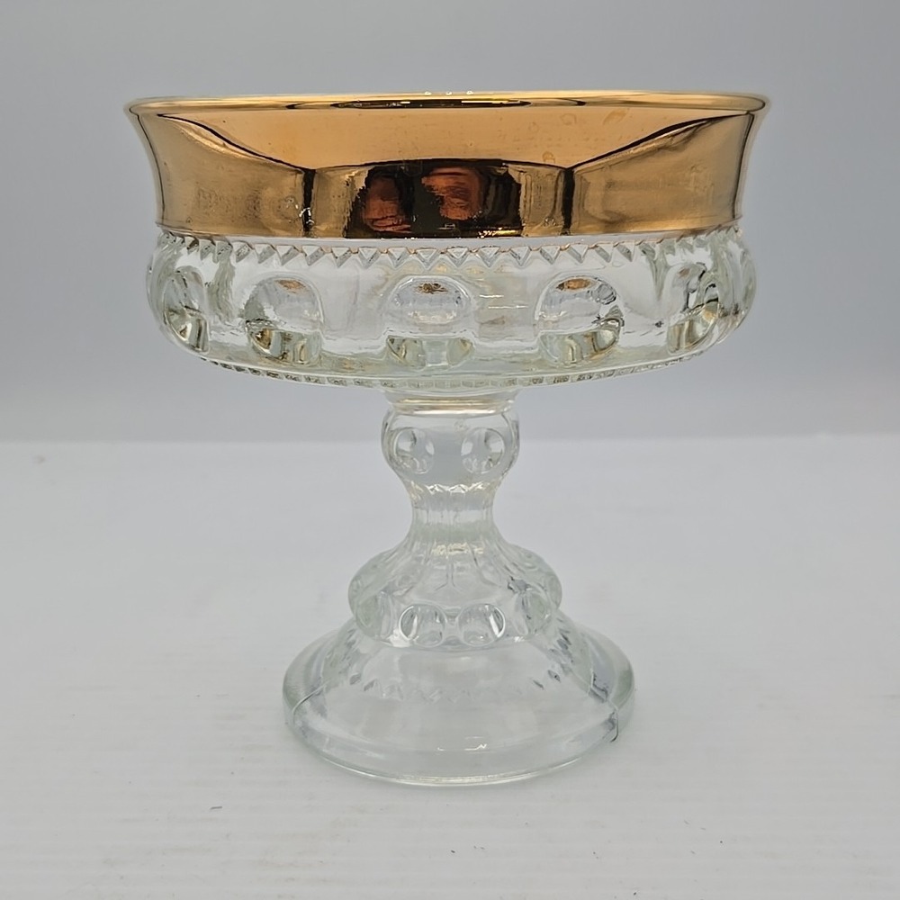 VTG Indiana Glass Kings‎ Crown Thumbprint & Gold Flashing Rim Compote